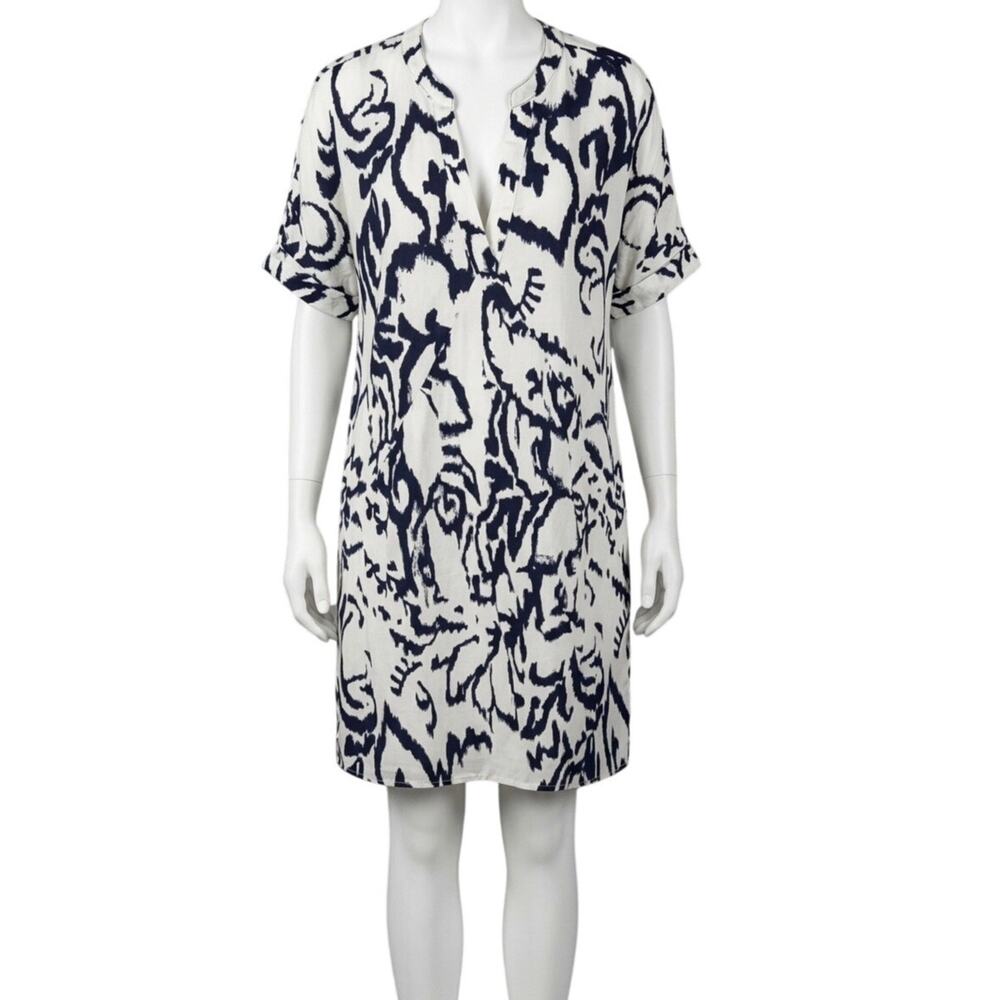 Mlle Gabrielle Navy White Abstract Print Shift Summer Dress Size S